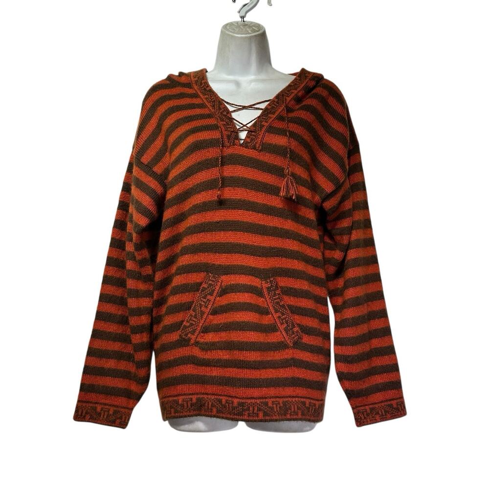 Striped Brown Orange Alpaca Sweater Knit Hoodie Pullover